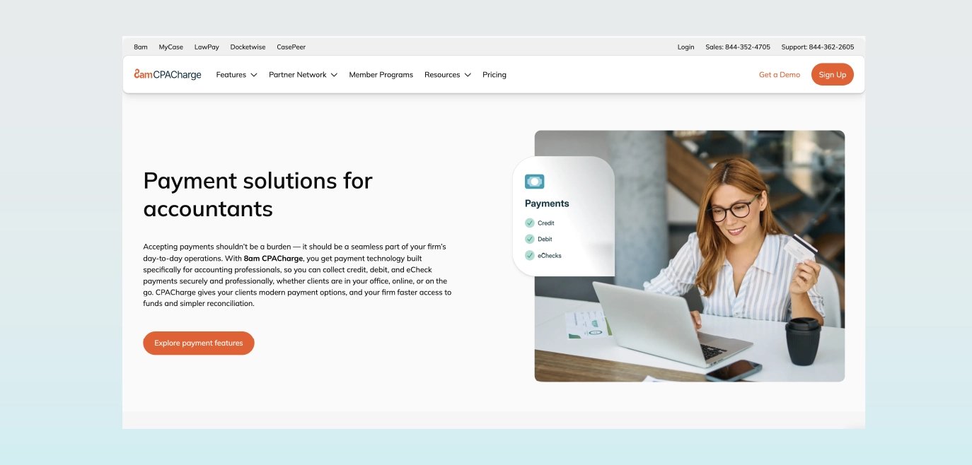8am CPACharge payments feature page screenshot