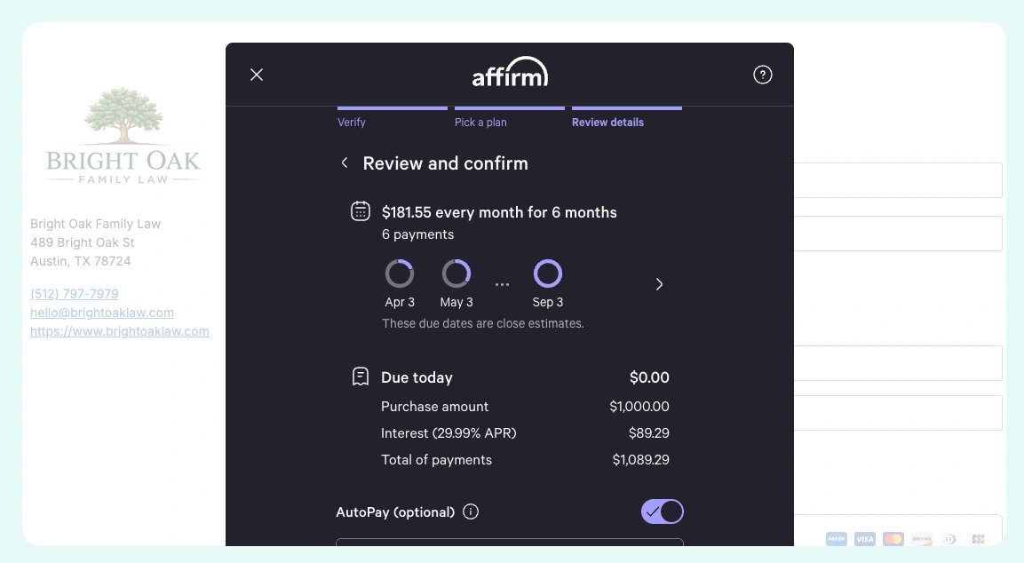 Affirm review screen showing payment schedule, loan details, and purchase confirmation before checkout.