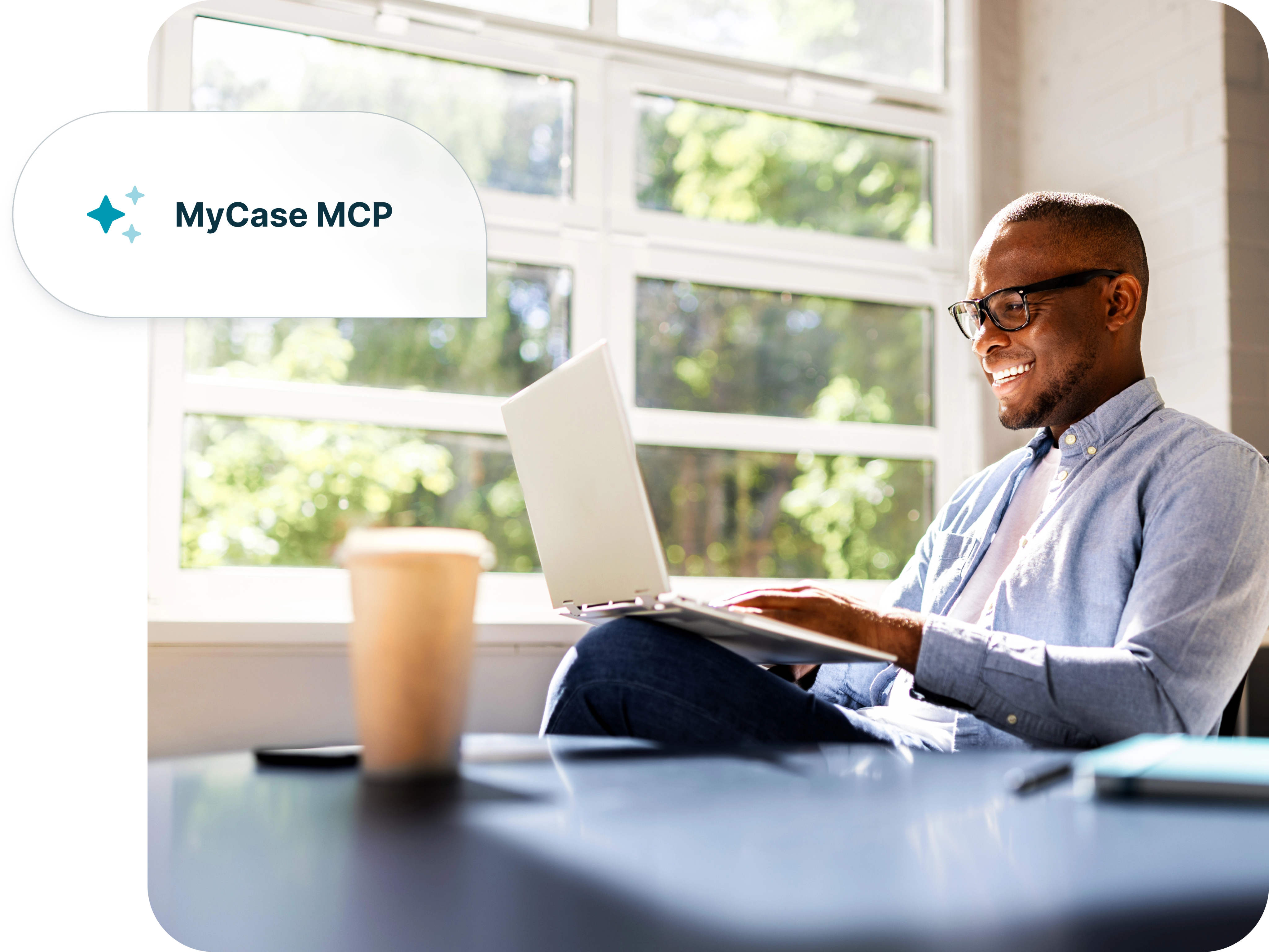 A business professional on their laptop, an icon that says MyCase MCP hovers in the corner