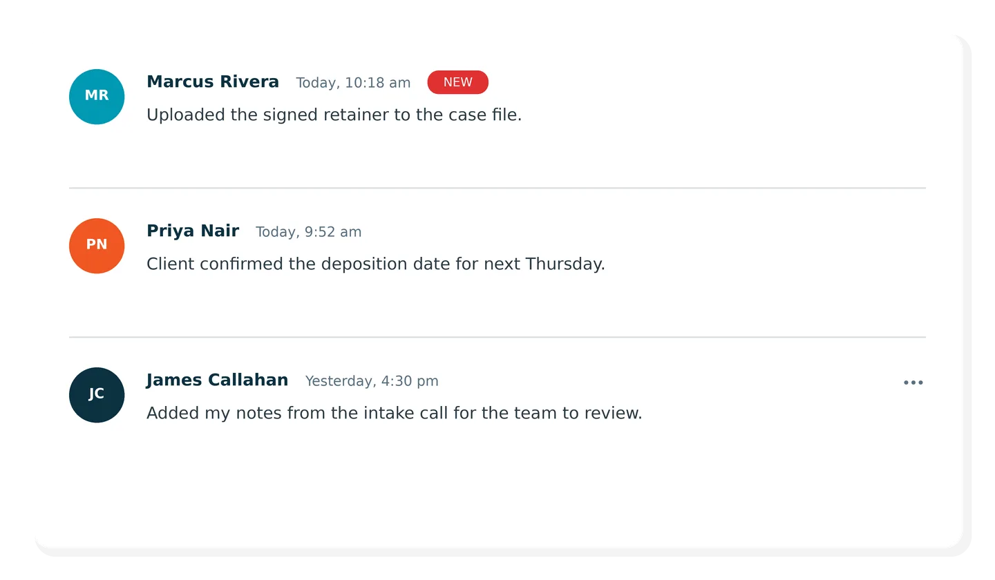 Comment thread with round avatars, inline timestamps, and a red NEW pill on an unread comment