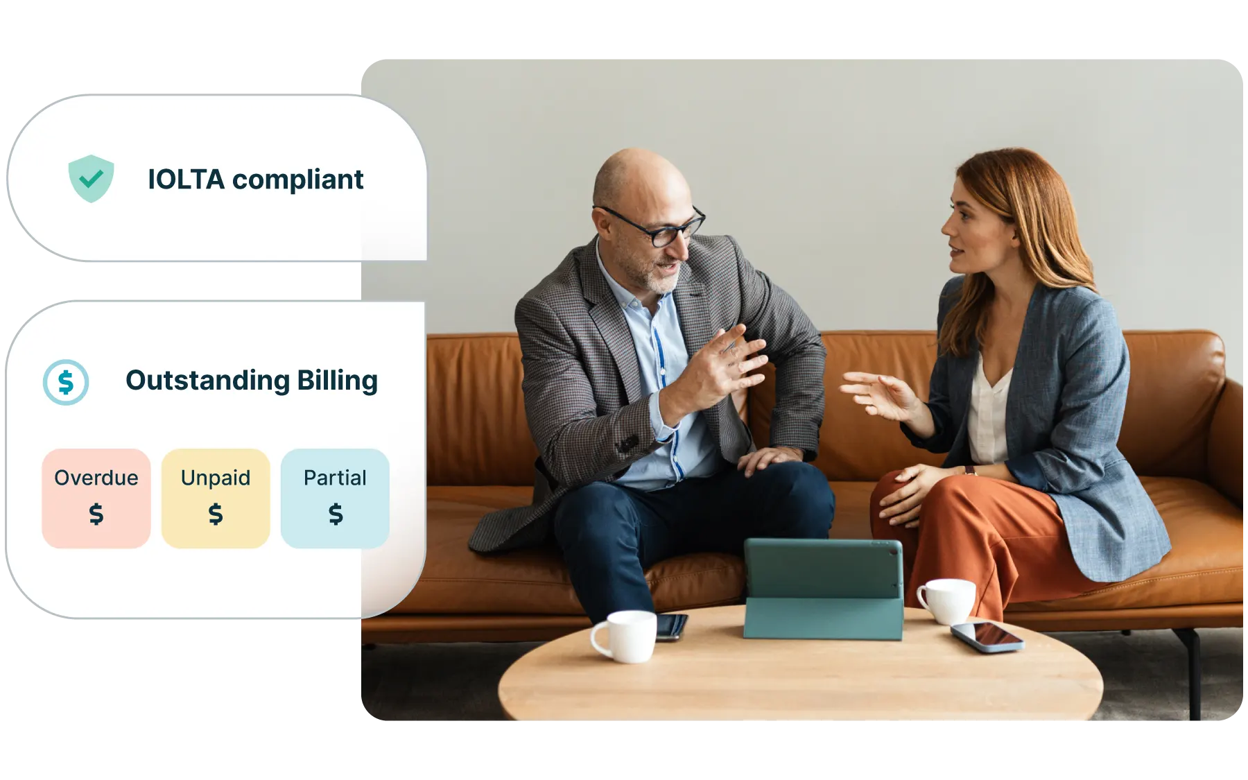 Two people speaking on a couch over a tablet