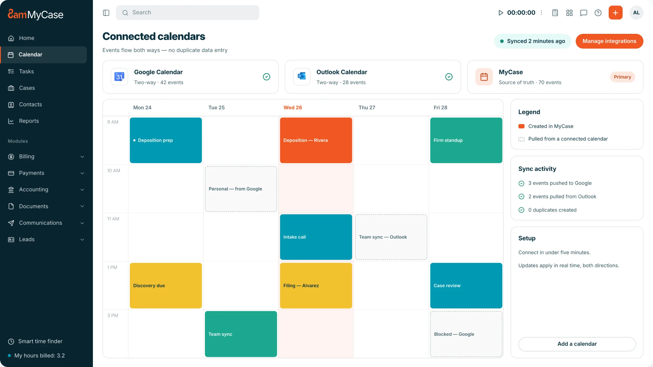 Calendaring Triangle Diagram: Google, Outlook, MyCase