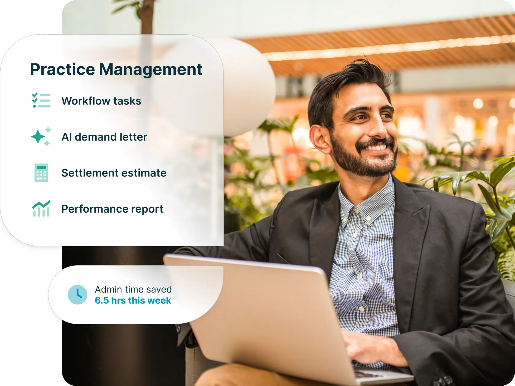  Personal injury lawyer working on a laptop, with practice management feature highlight