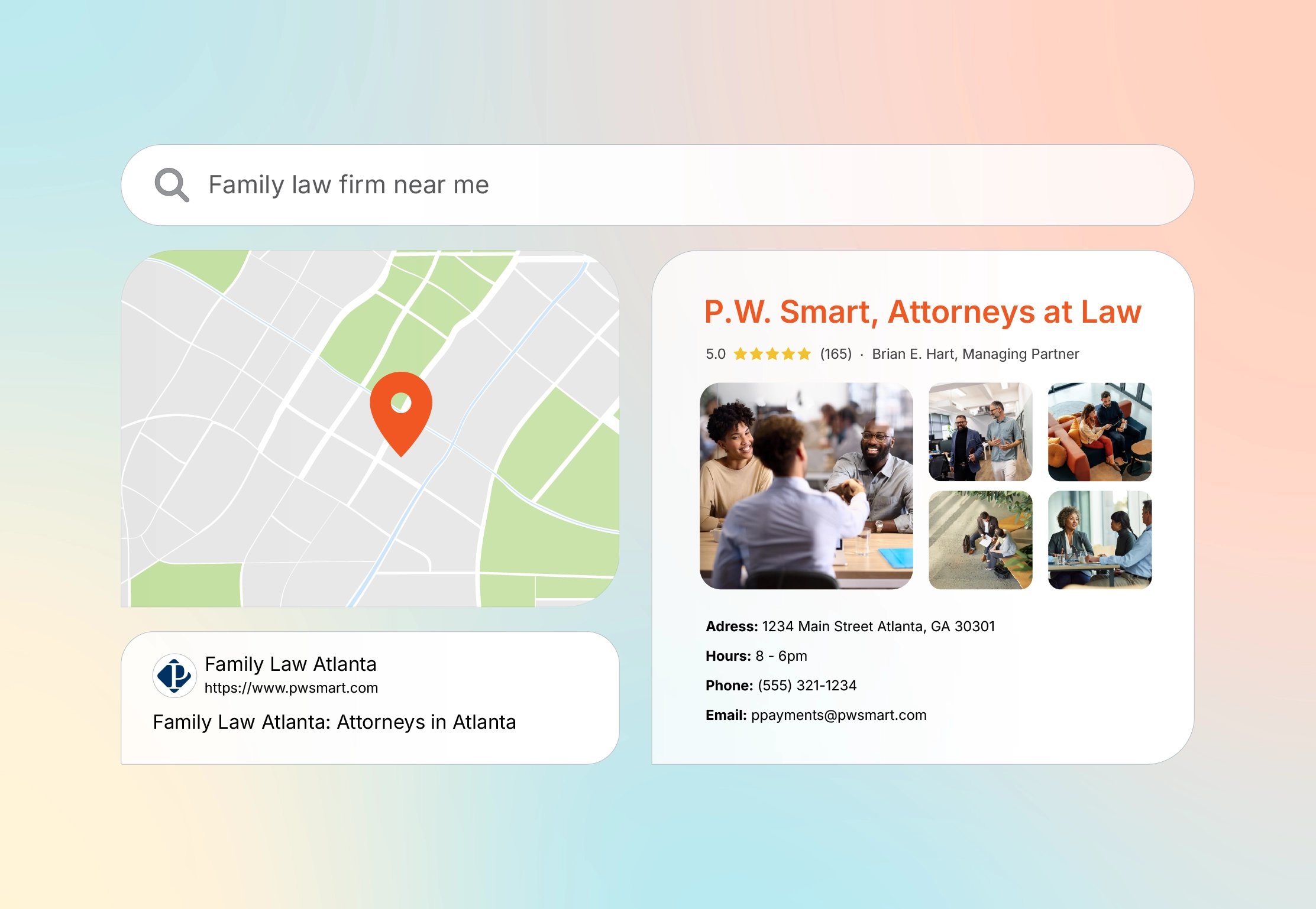 A search for Family law firm near me shows a map, a law firm listing with contact details, review stars, and photos of lawyers in meetings, along with a website link for Family Law.