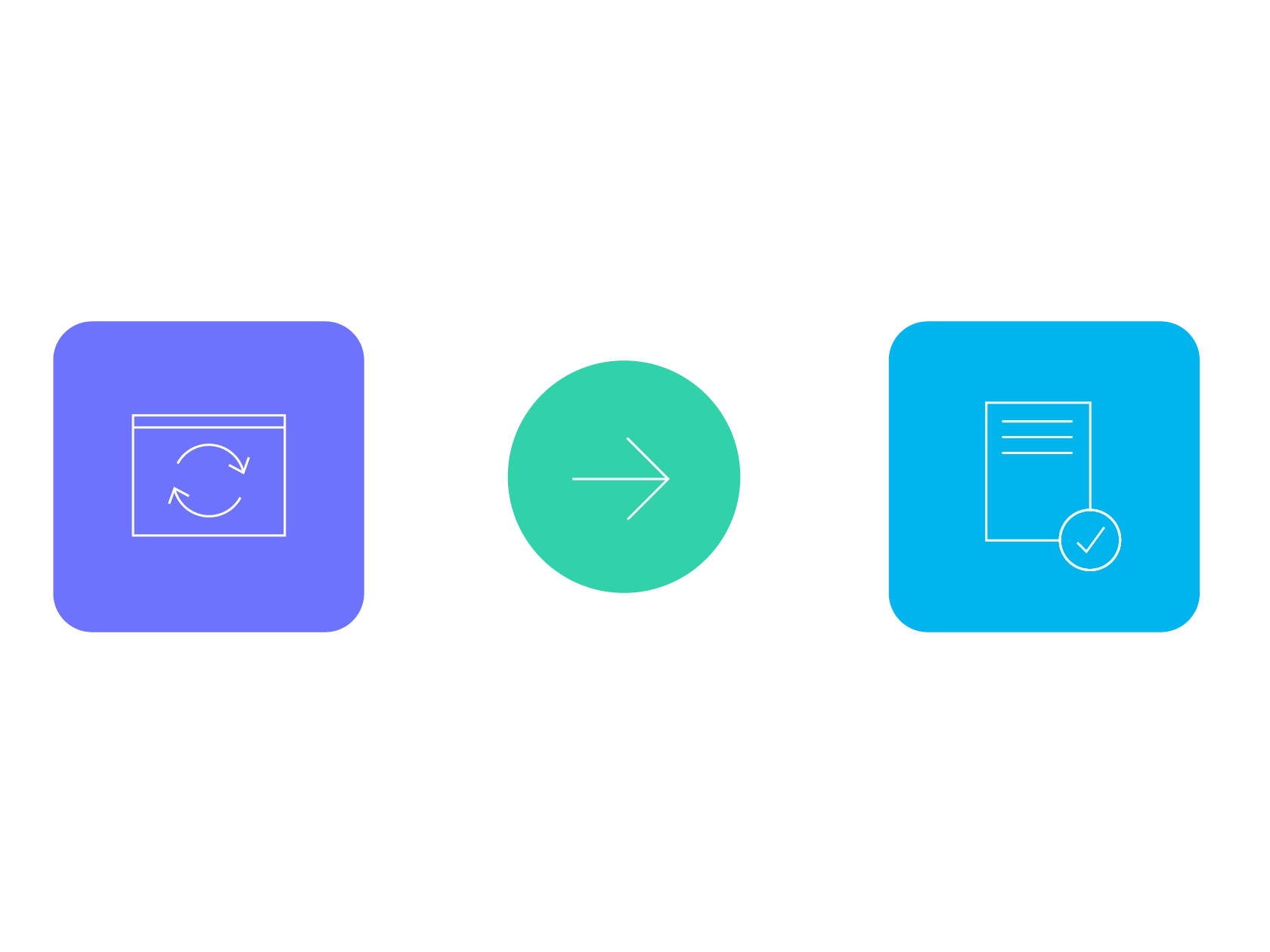 Illustration showing a sync icon transforming into a verified document, with a right-pointing arrow between them on a light gray background.