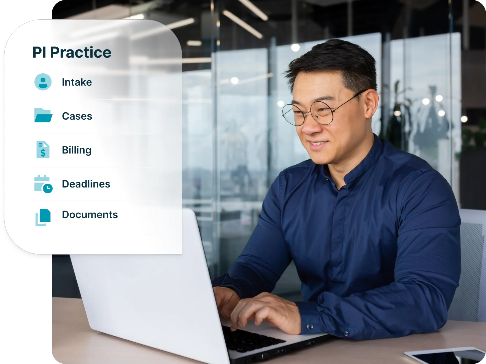 Solo lawyer working on a laptop with practice management features highlight