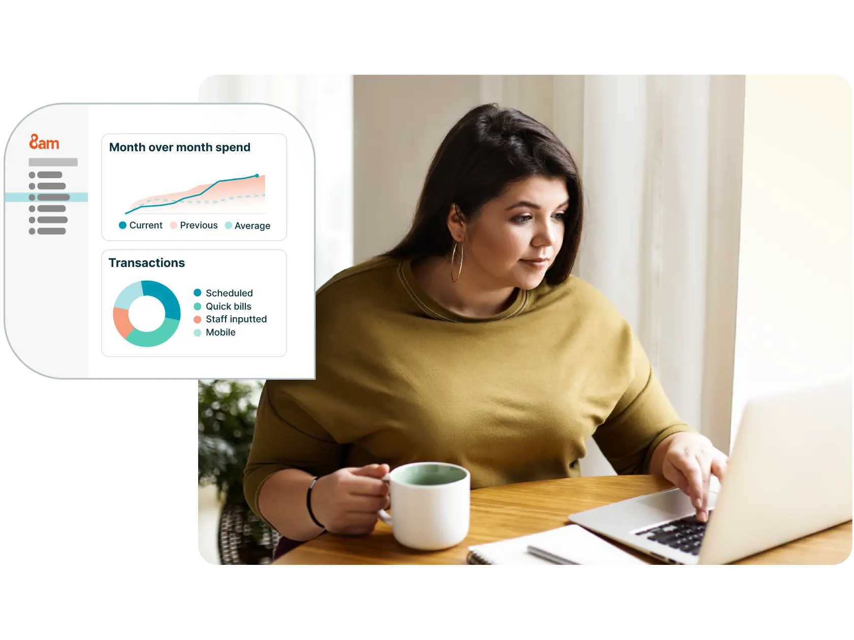 A woman looks at her ClientPay dashboard to check her Month over month spend and Transactions