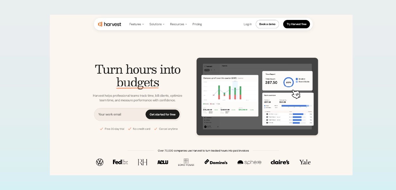 Harvest homepage screenshot