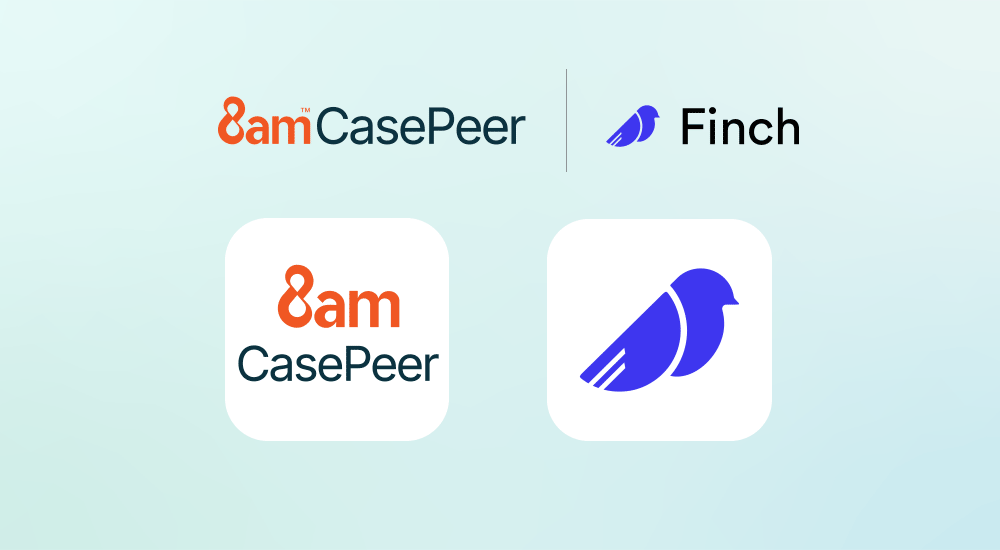 CasePeer and Finch integration for pre-litigation intake and records retrieval.