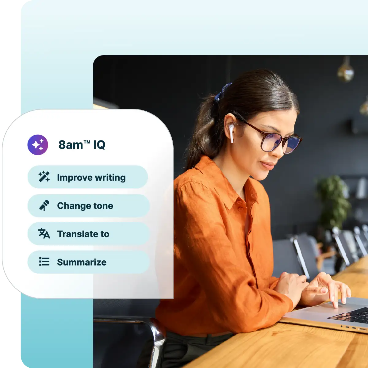 Professional working at a desk with an 8am™ IQ interface overlay displaying AI-powered tools for issue spotting, strategy analysis, research, and document review, showcasing streamlined legal workflows.