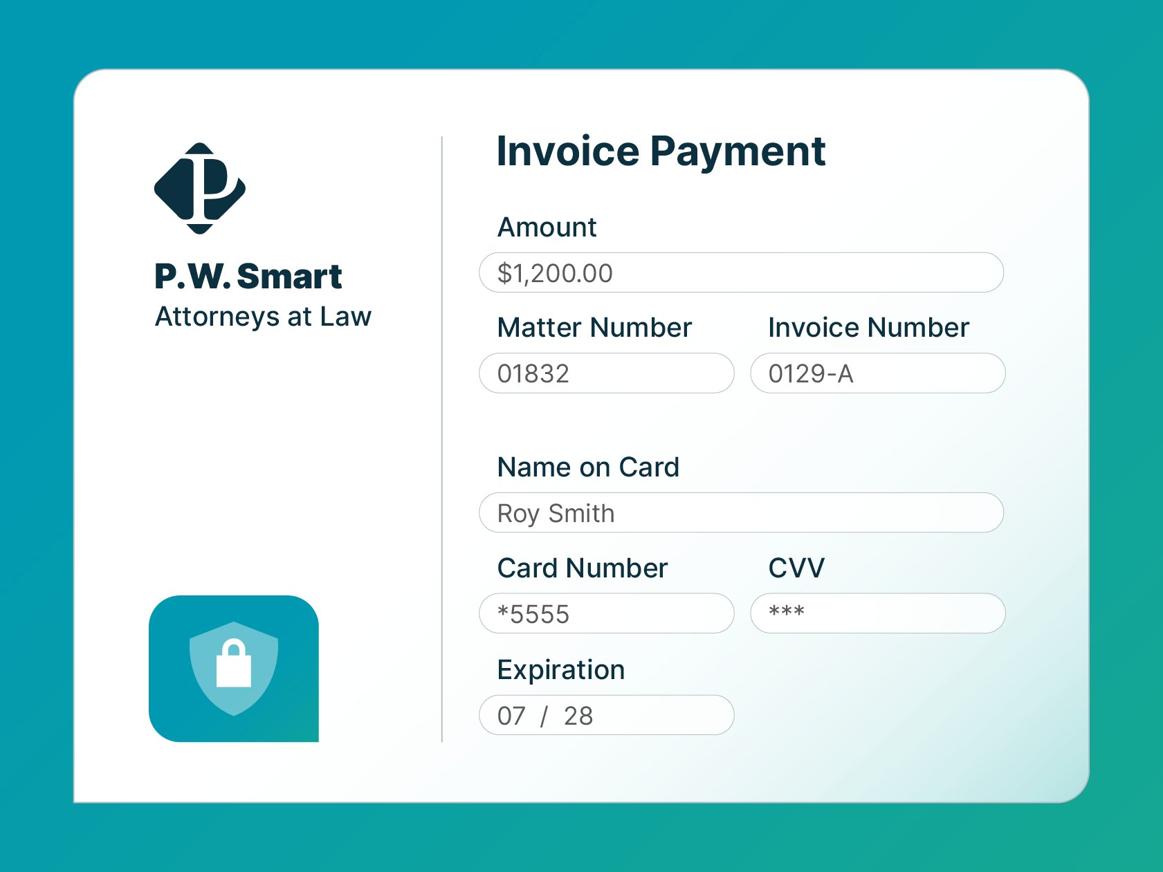 Invoice payment form for a law firm showing amount, matter and invoice numbers, and card details fields including name, masked number, CVV, and expiration, with a security lock icon.