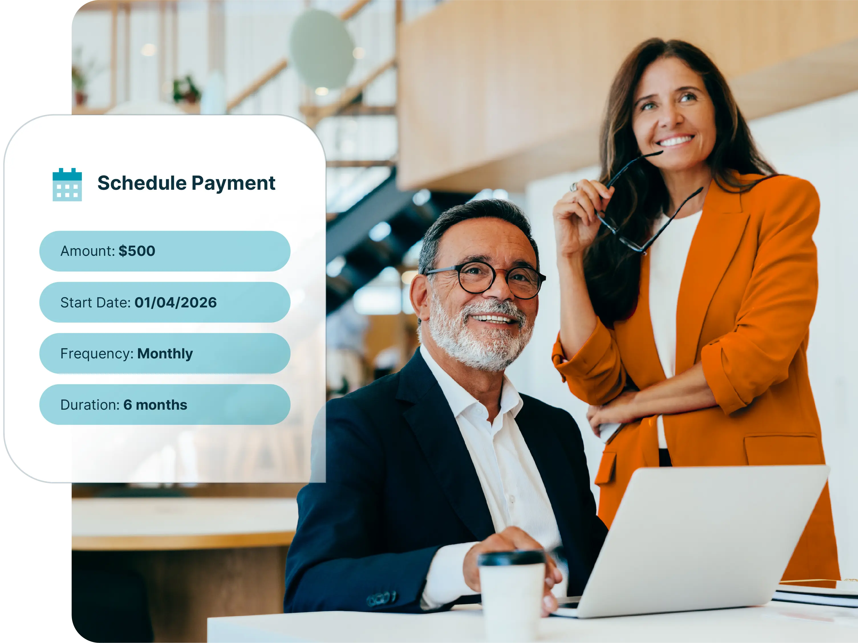 two business people standing together. text pop up shows a schedule payment dashboard