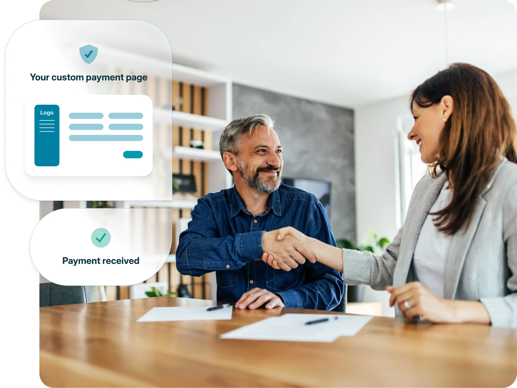 Two people handshaking with a feature highlight for custom payment pages.