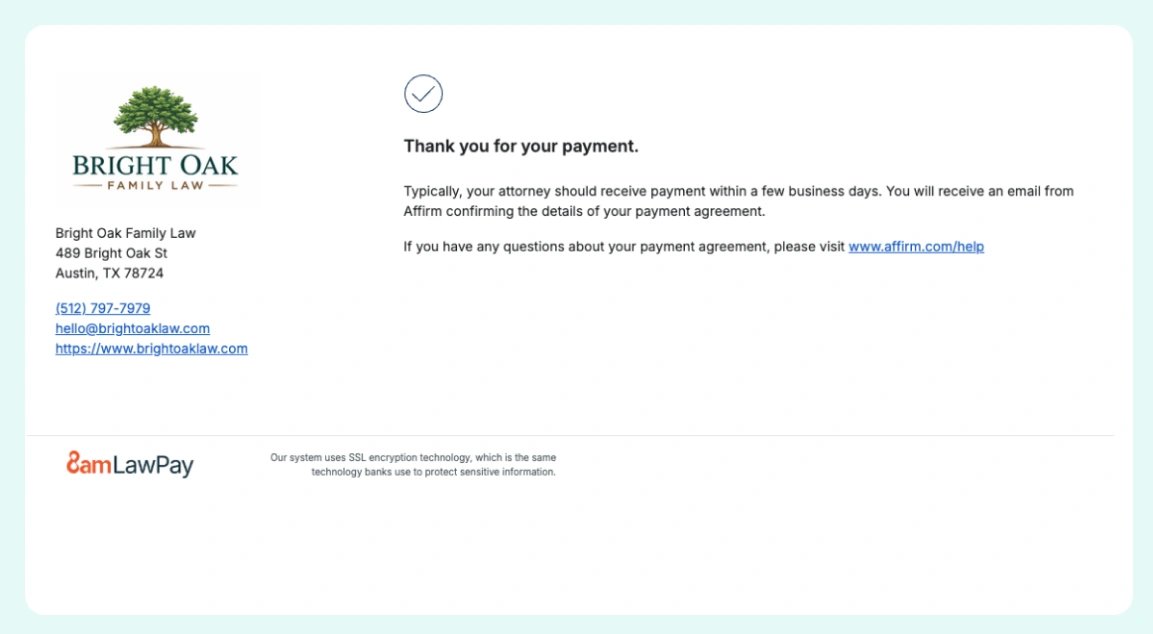 Payment confirmation screen confirming successful payment through Affirm for a law firm invoice.