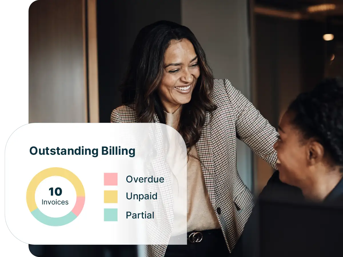 Payment reporting dashboard highlighting outstanding billing with overdue, unpaid, and partial invoices while professionals review accounts together.