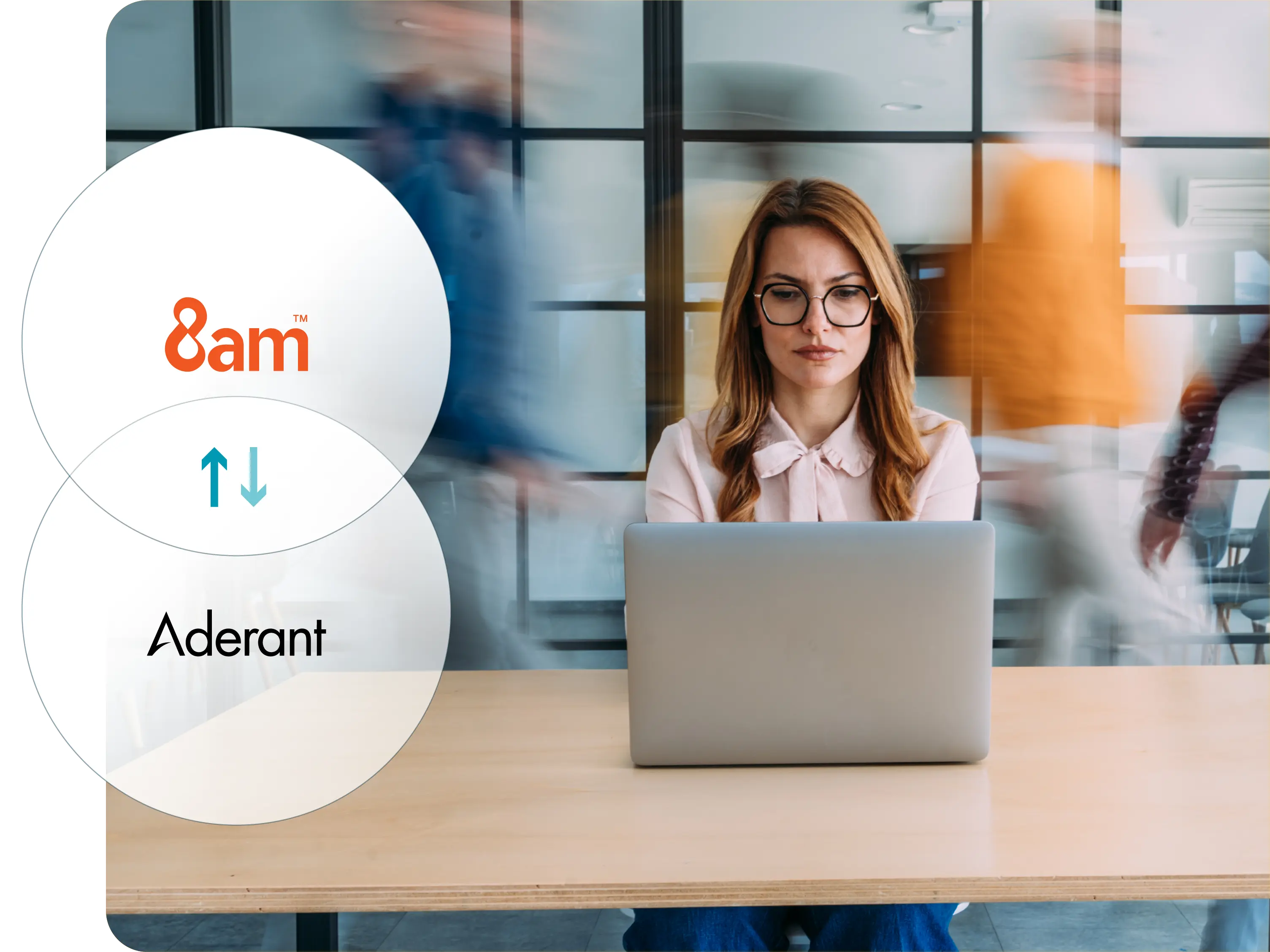 Professional working on a laptop in a modern office, with visual elements indicating integration between 8am and Aderant.