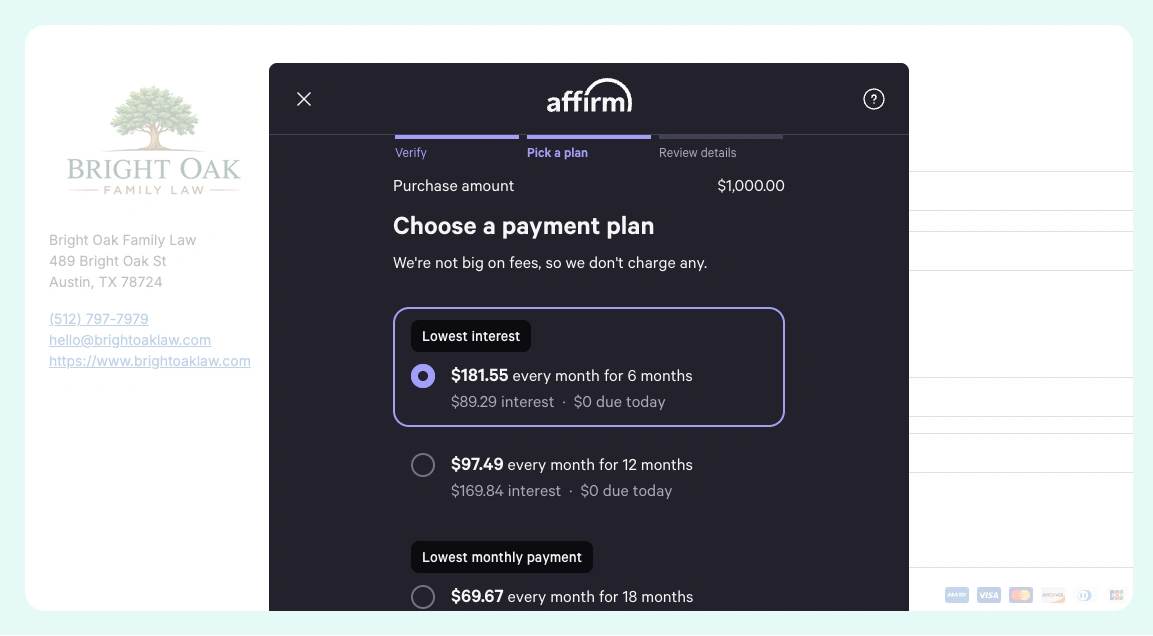 Affirm payment plan screen displaying monthly financing options for a legal fee.