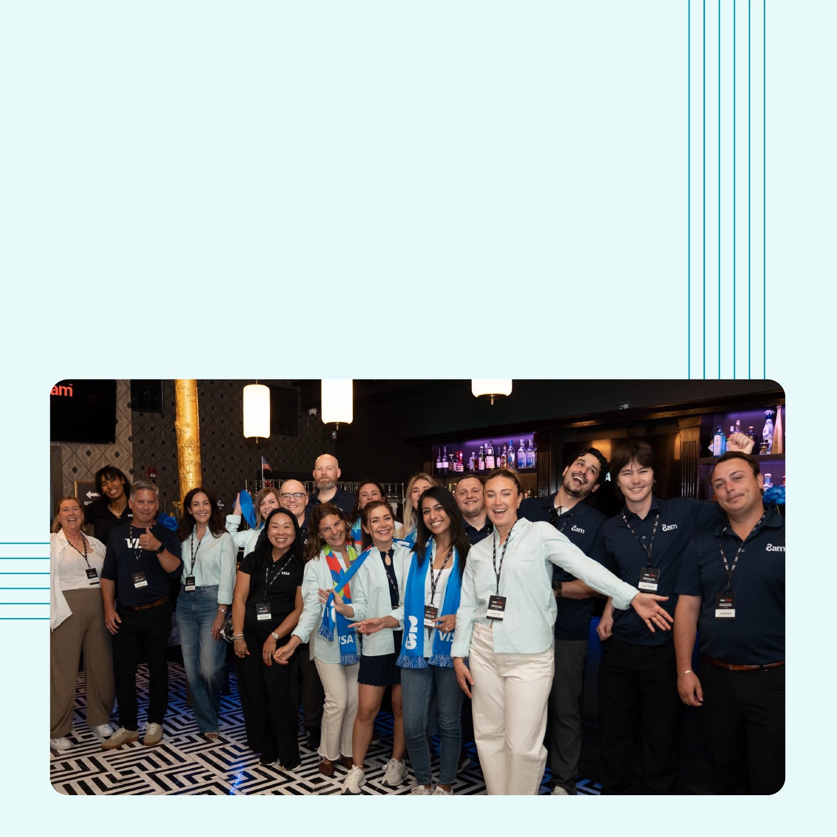 Group photo of 8am team members, Visa representatives, and customer attendees posing together at the FIFA World Cup 2026 Match Day Experience pre-match reception.