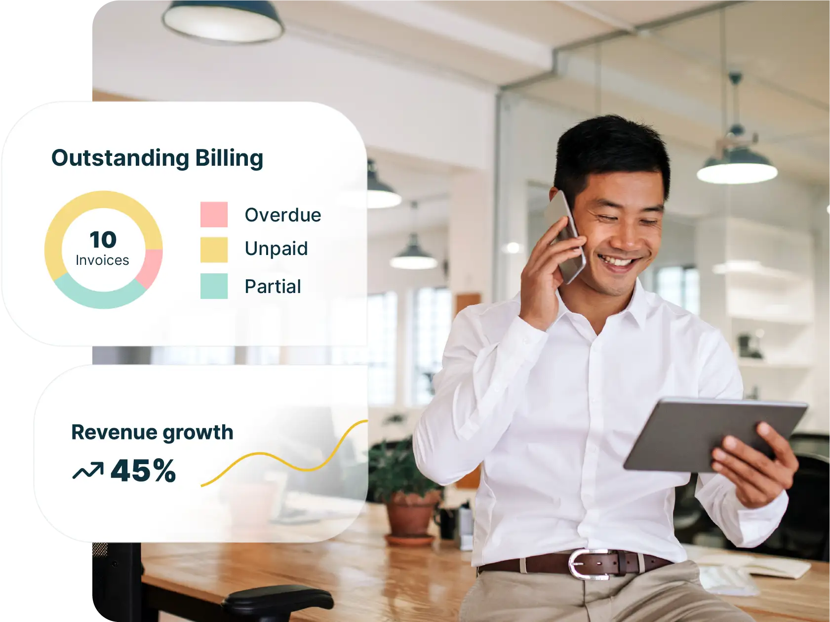 business man smiling at tablet, text bubble pop up shows simple report