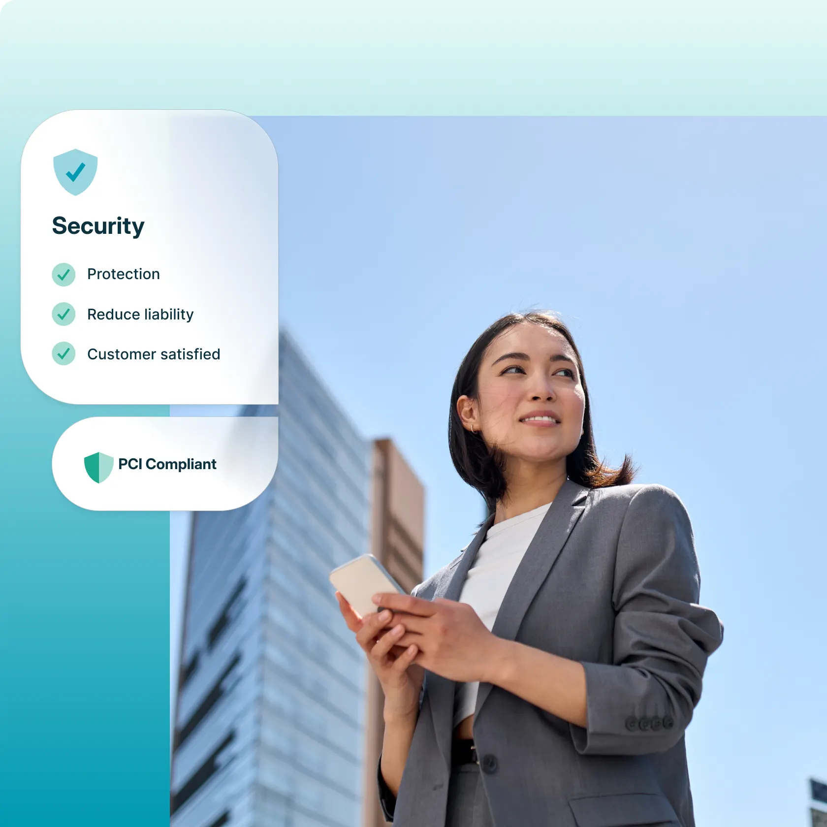A woman looks at ClientPay's security features on her phone