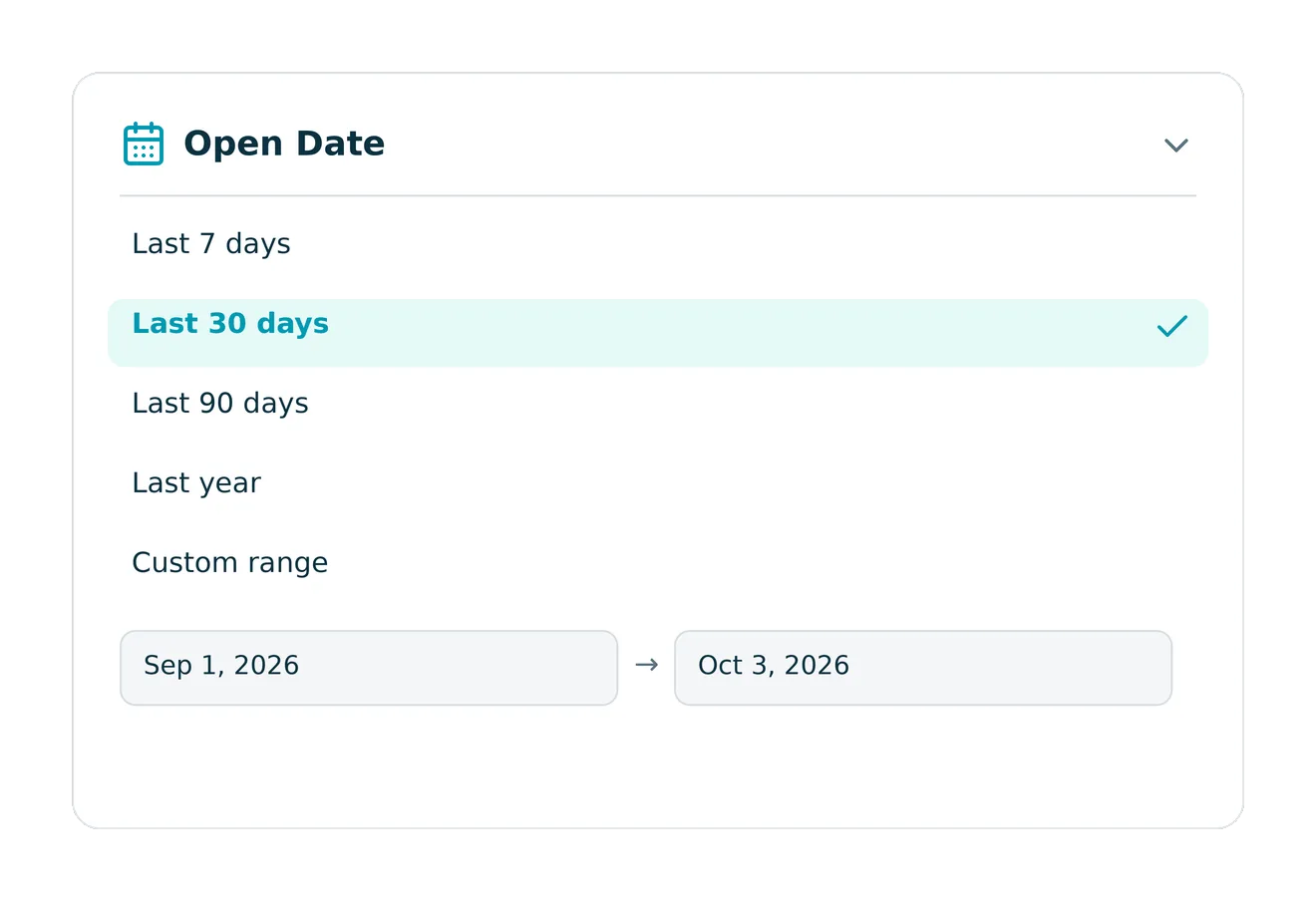 Open Date filter on the Cases list with preset options Last 7 days, Last 30 days selected, Last 90 days, Last year, and Custom range, plus a custom date range from Sep 1, 2026 to Oct 3, 2026.