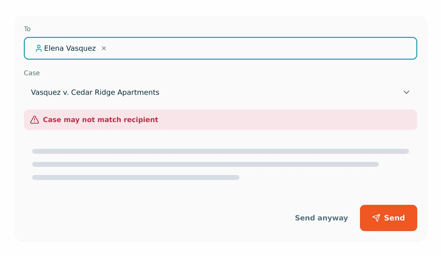 Message composer showing a warning that the selected contact does not match the case on the message.