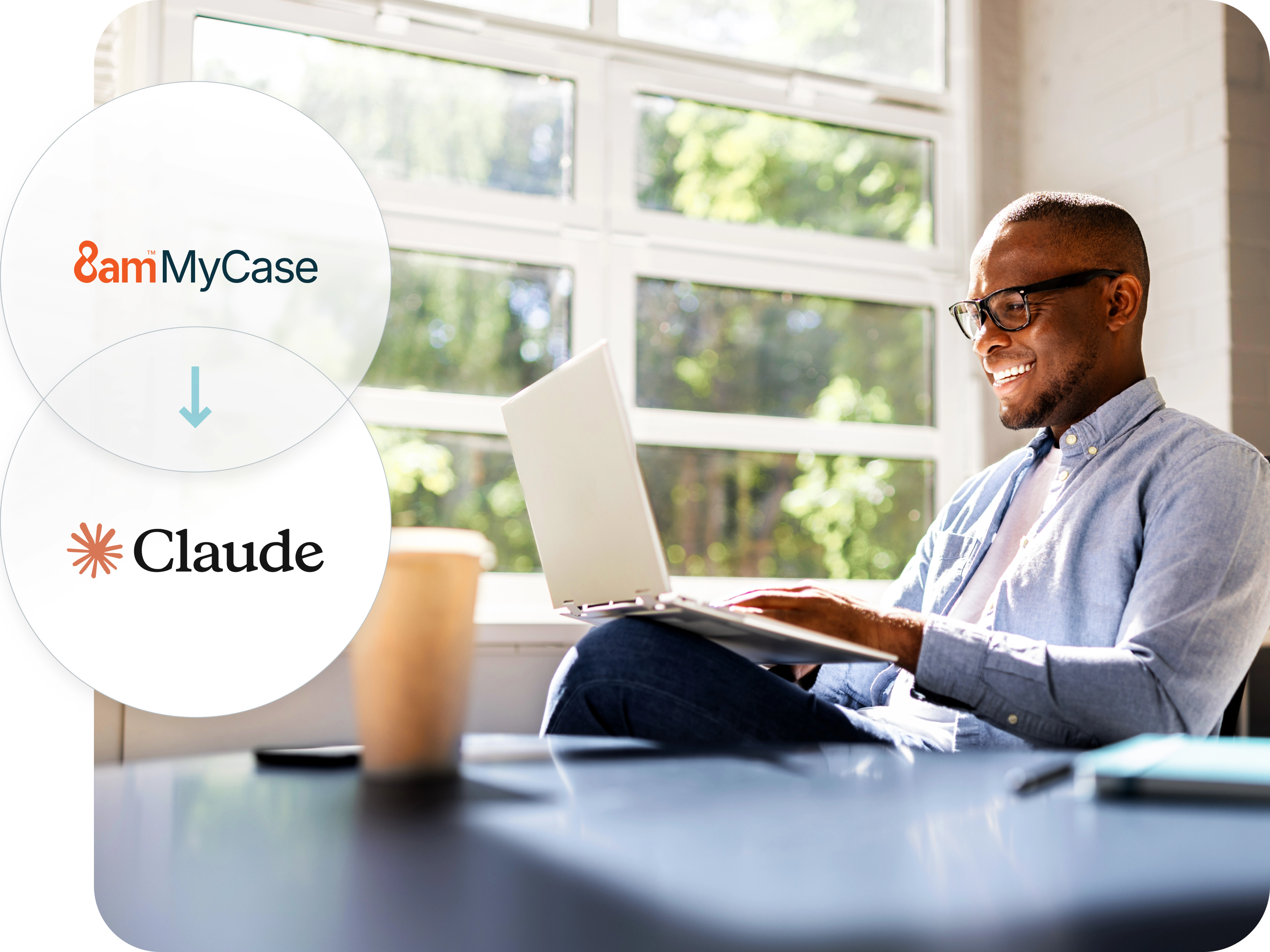A business professional on their laptop, an icon that says MyCase MCP hovers in the corner
