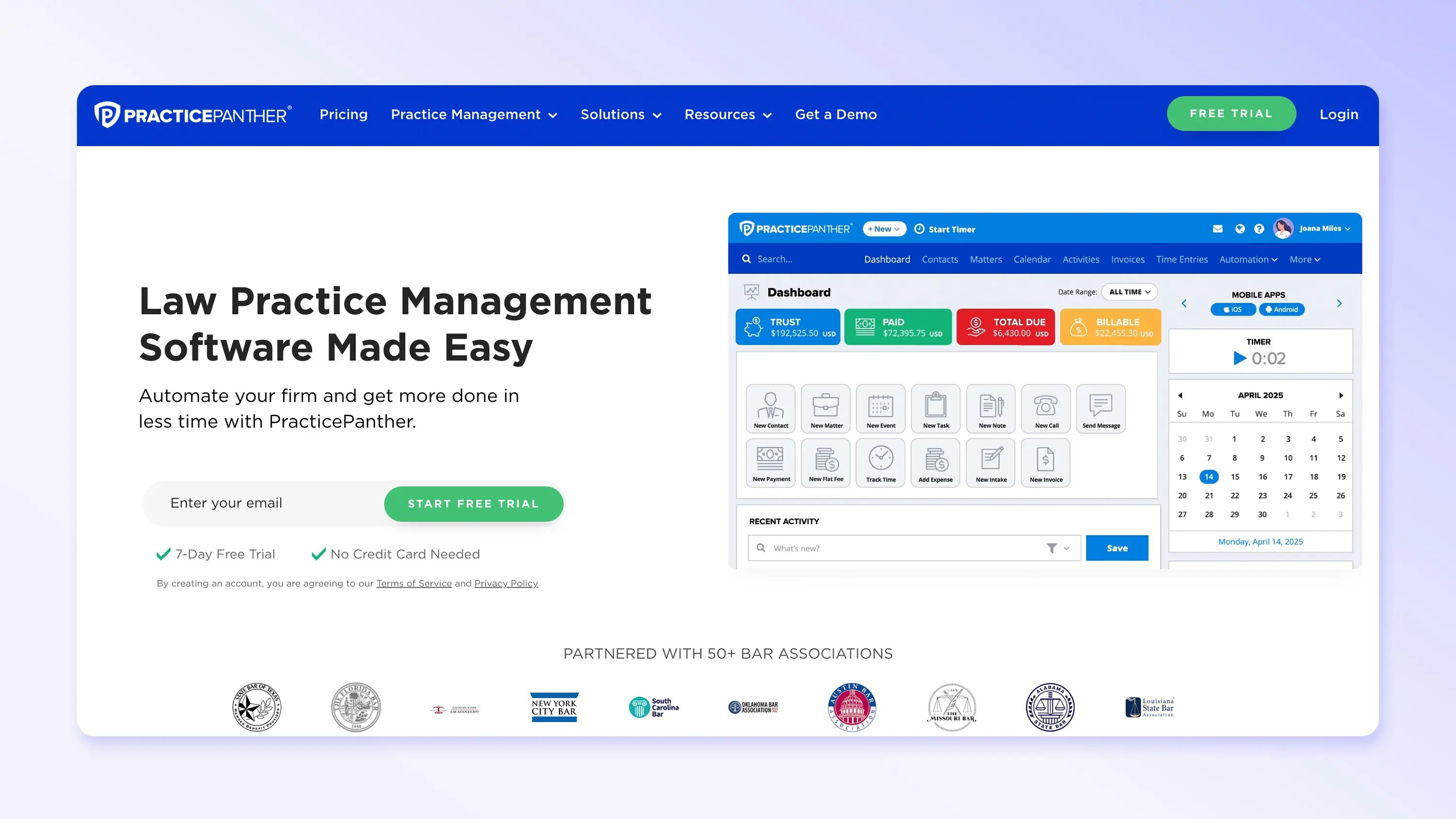 PracticePanther homepage screenshot
