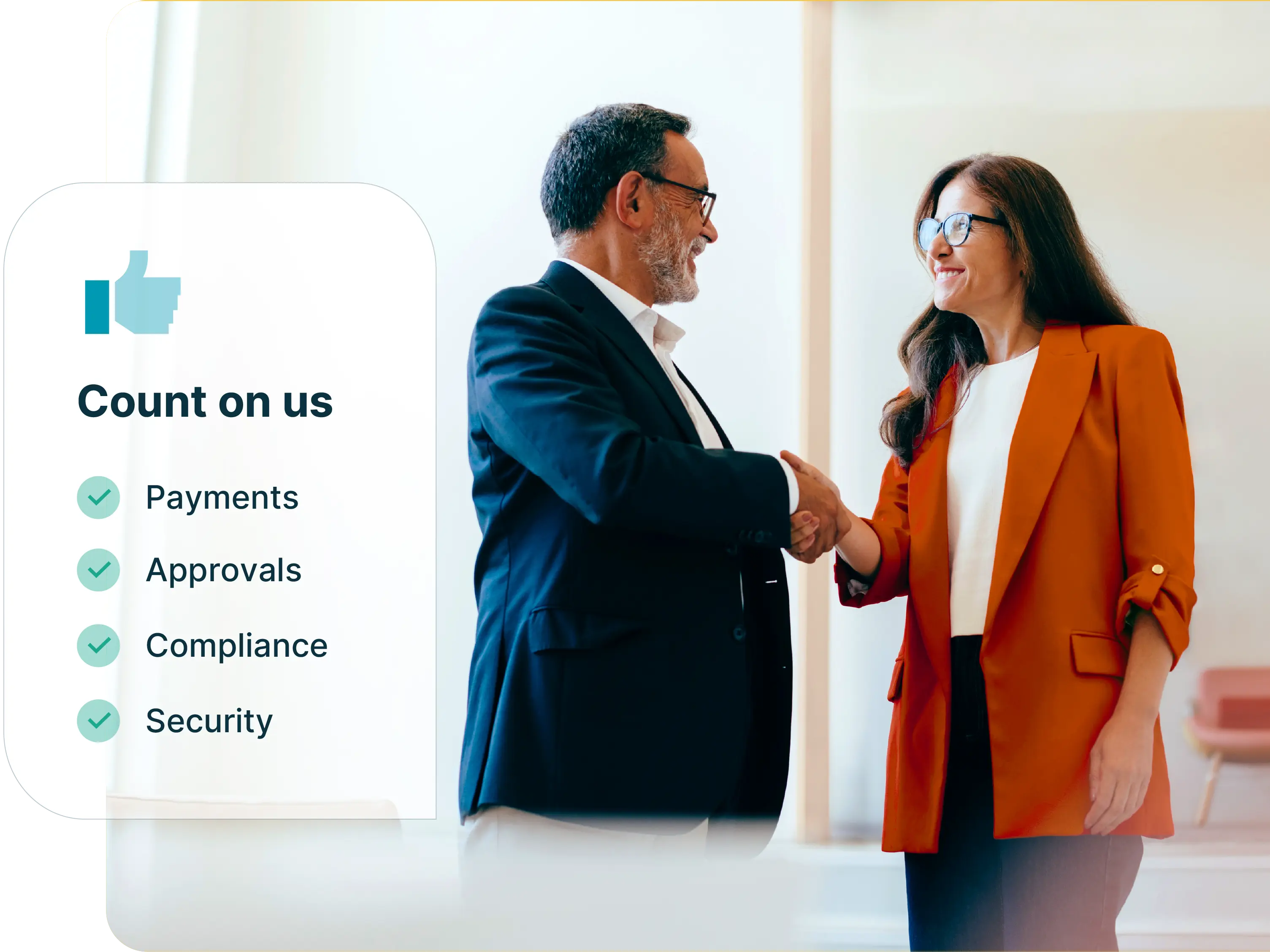Two professionals shaking hands in a modern office, representing trust and partnership, with a graphic highlighting payments, approvals, compliance, and security.