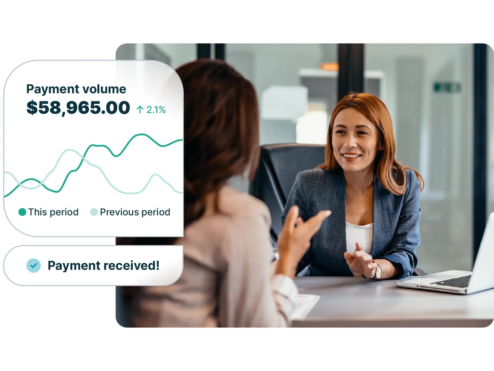 Coworkers discuss payment volume