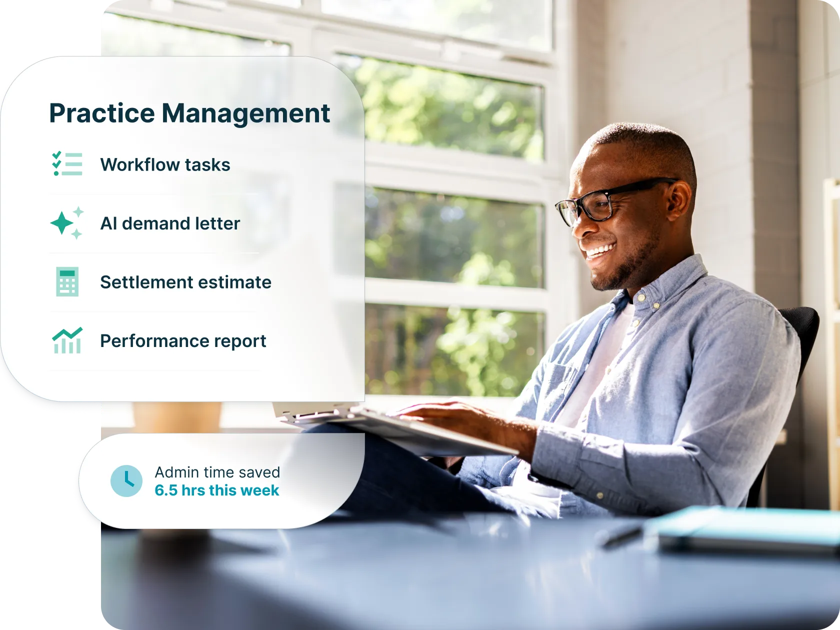 Lawyer working on laptop with practice management features highlight