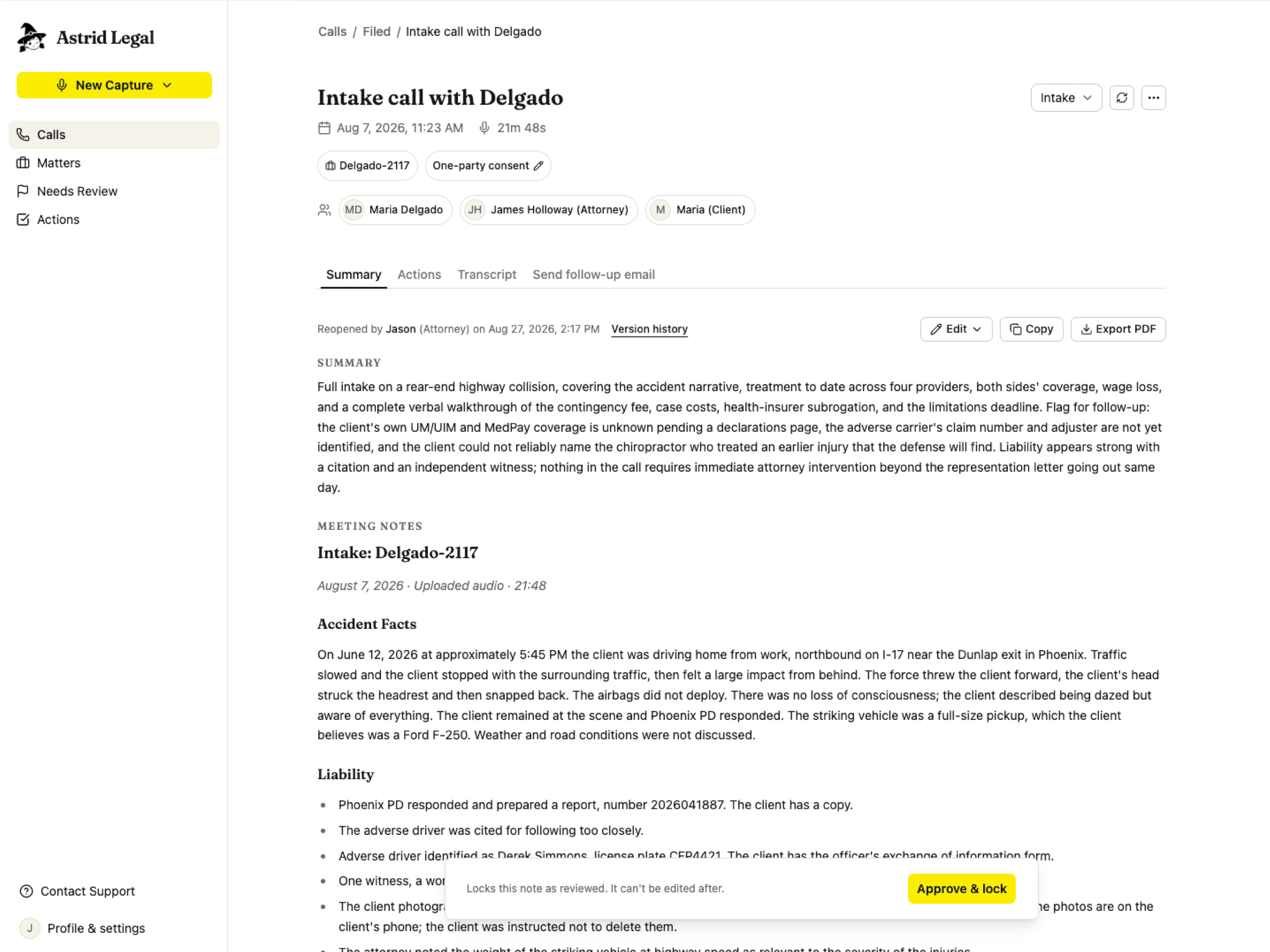 a document that shows the summary and transcript details of a client call