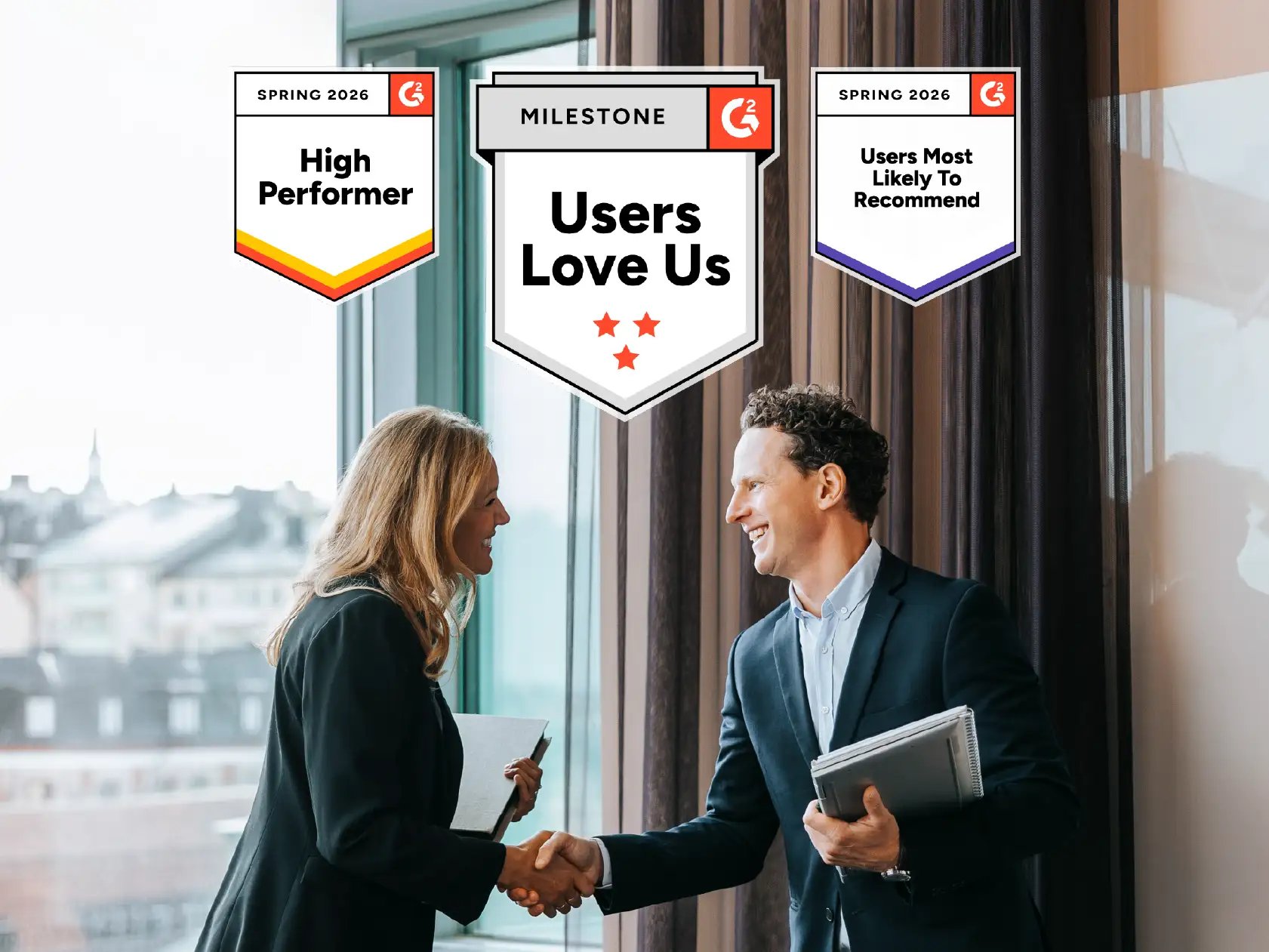 Two professionals shaking hands with G2 platform badge icons above indicating 8am has won: High Performer, Users most likely to recommend, and Users love us awards in 2026 