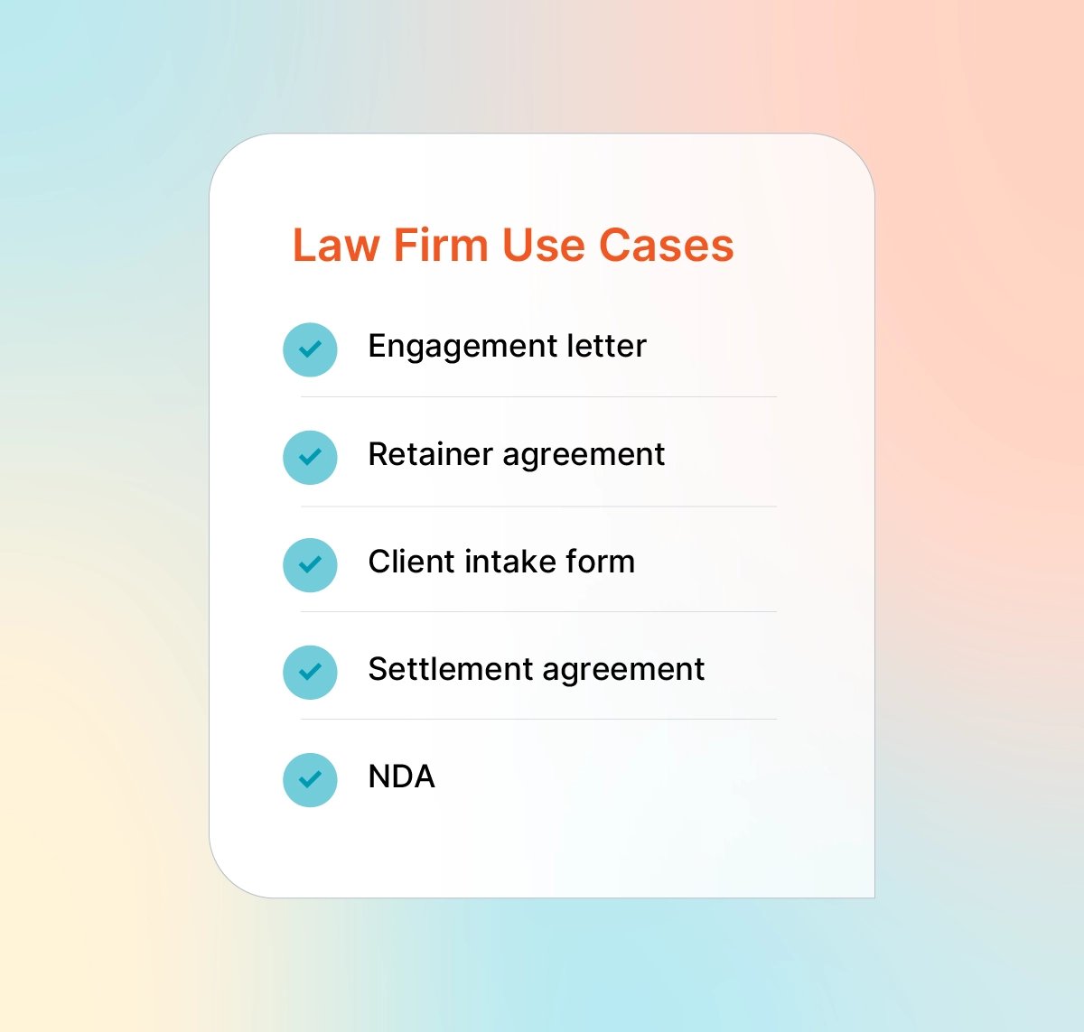 Common law firm documents signed electronically, including engagement letters, retainer agreements, intake forms, and NDAs.