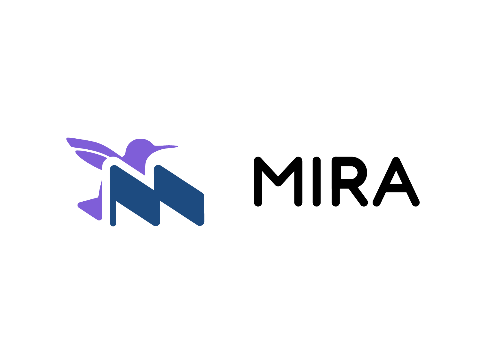 MIRA business logo, purple hummingbird with an abstract dark blue M