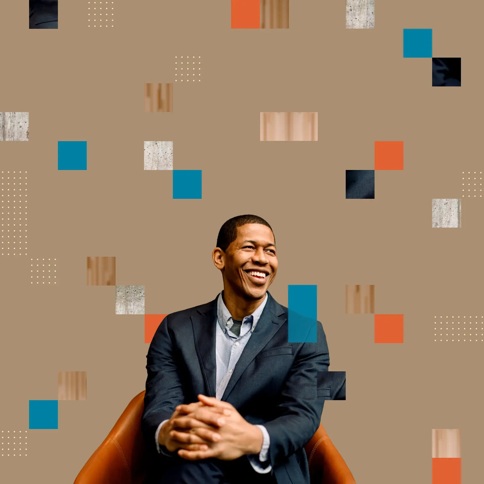 Smiling attorney seated in a chair against an abstract geometric background. 