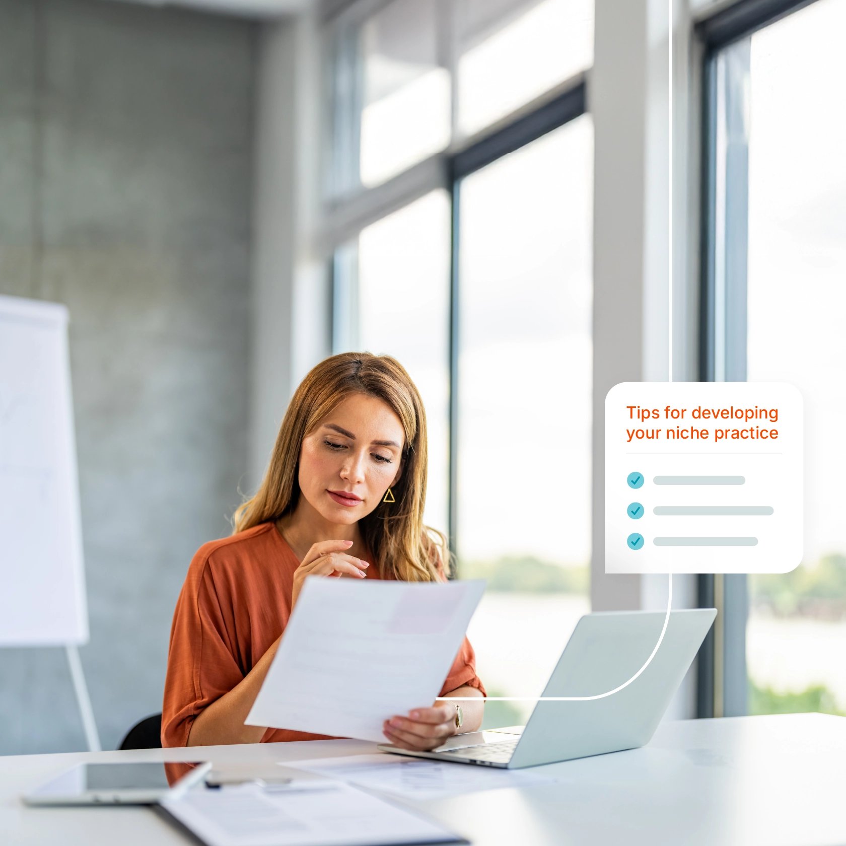 Attorney developing niche practice strategy in modern law office. Text Bubble Showing tips for developing your niche practice