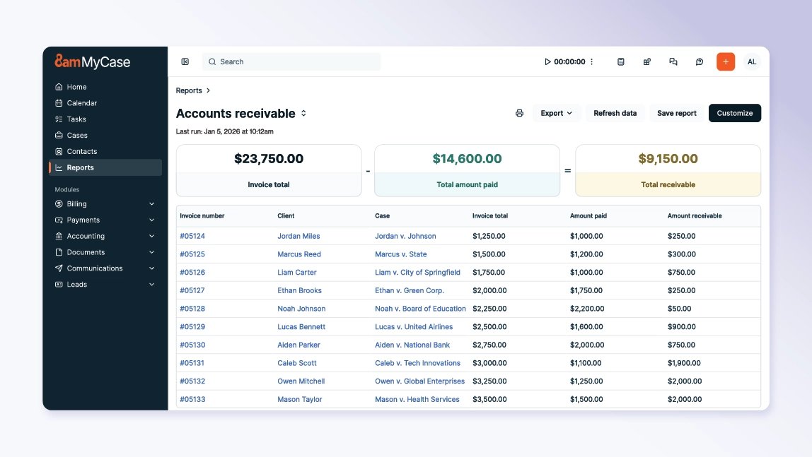 MyCase financial management software screenshot