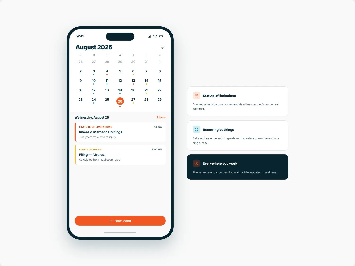 MyCase calendaring on mobile device.