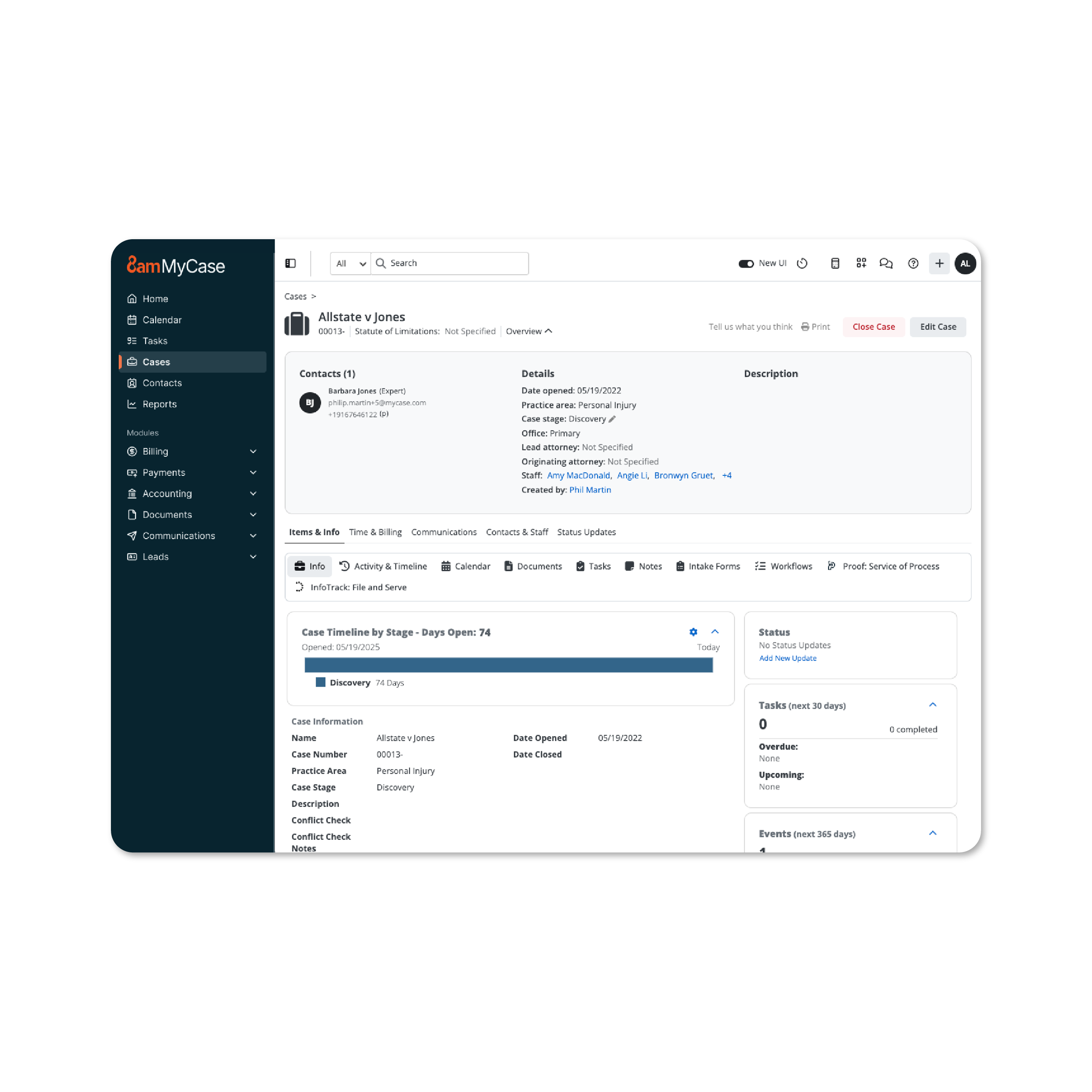 The MyCase dashboard with case info