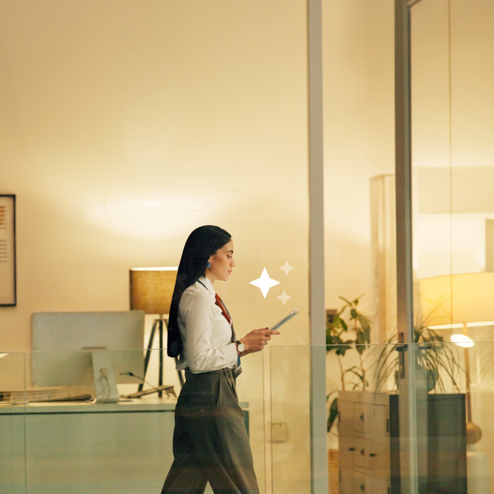 Lawyer walking into office with a tablet