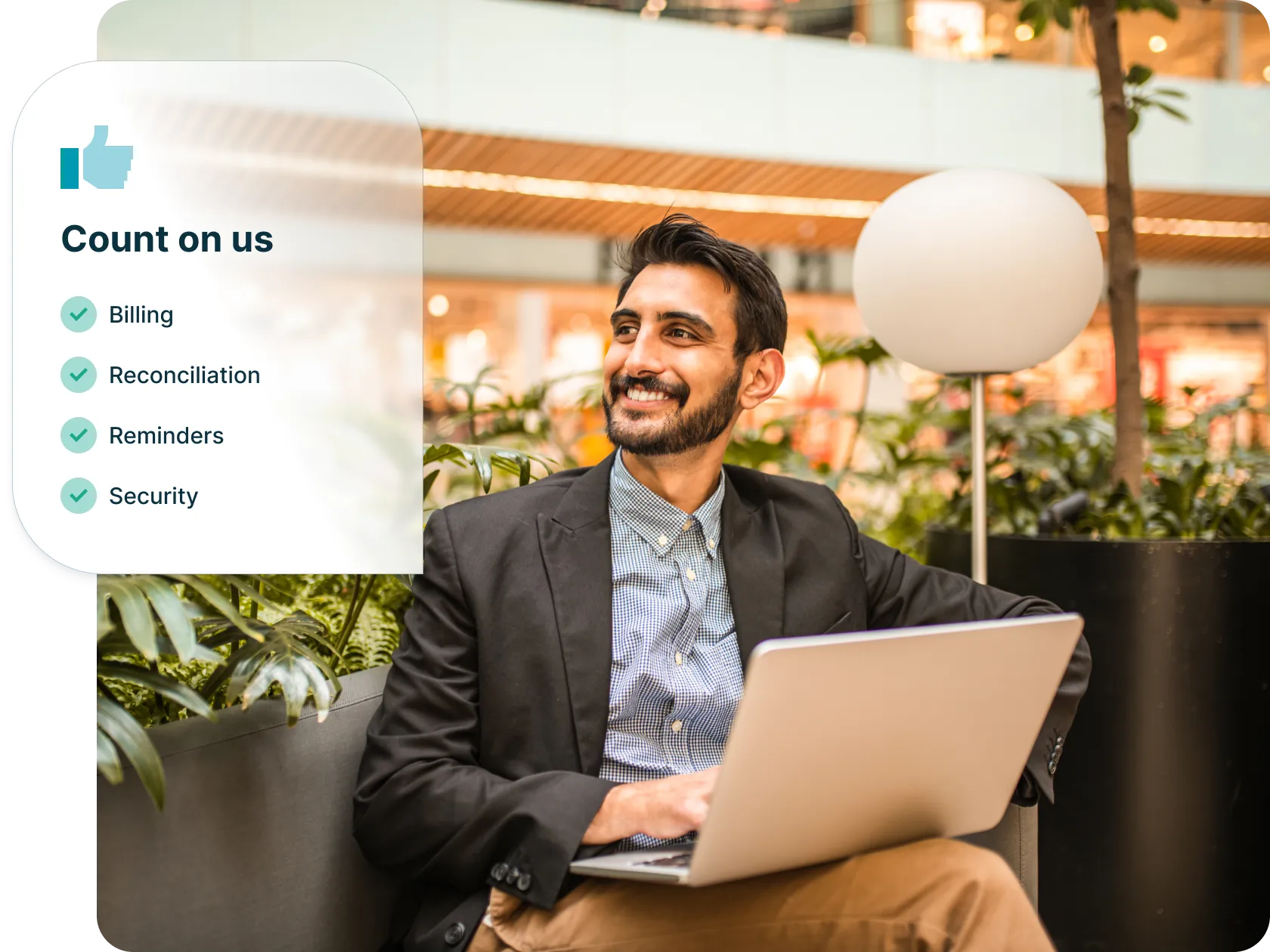 Smiling professional in a blazer sits outdoors surrounded by plants, using a laptop; overlay reads "Count on us" with checklist: Billing, Reconciliation, Reminders, Security.