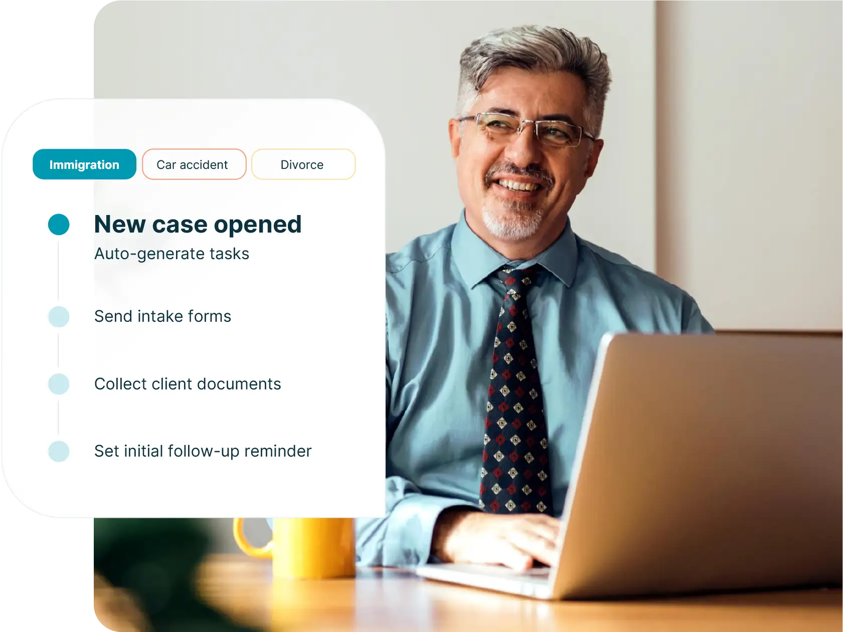 Smiling business professional, a pop up shows a overview of items he needs to track for clients
