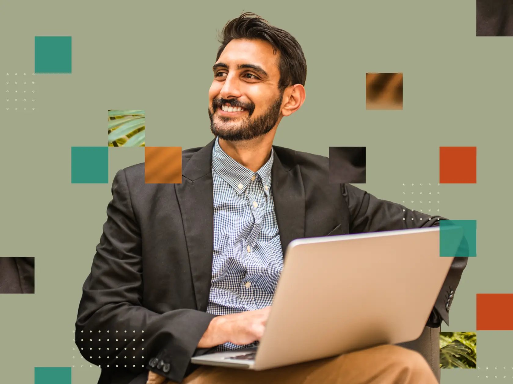 man smiling with laptop on lap. minimal background with colorful pixels