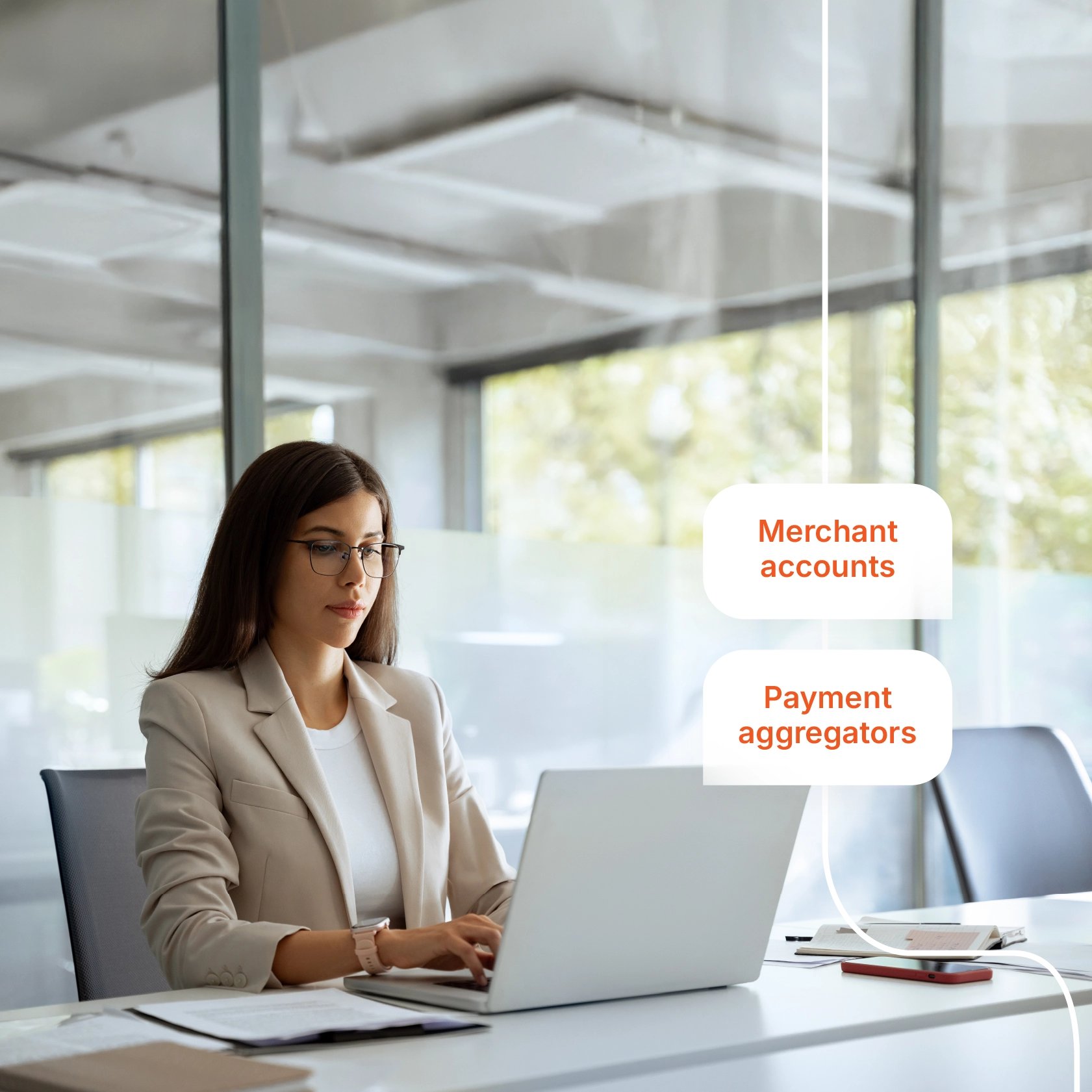 A woman in business attire works on a laptop at a modern office desk. Text bubbles beside her read “Merchant accounts” and “Payment aggregators.” The workspace has glass walls and a bright atmosphere.