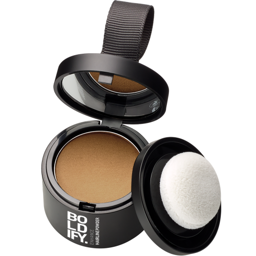 Boldify Hairline Powder open compact with visible powder, Dark Blonde