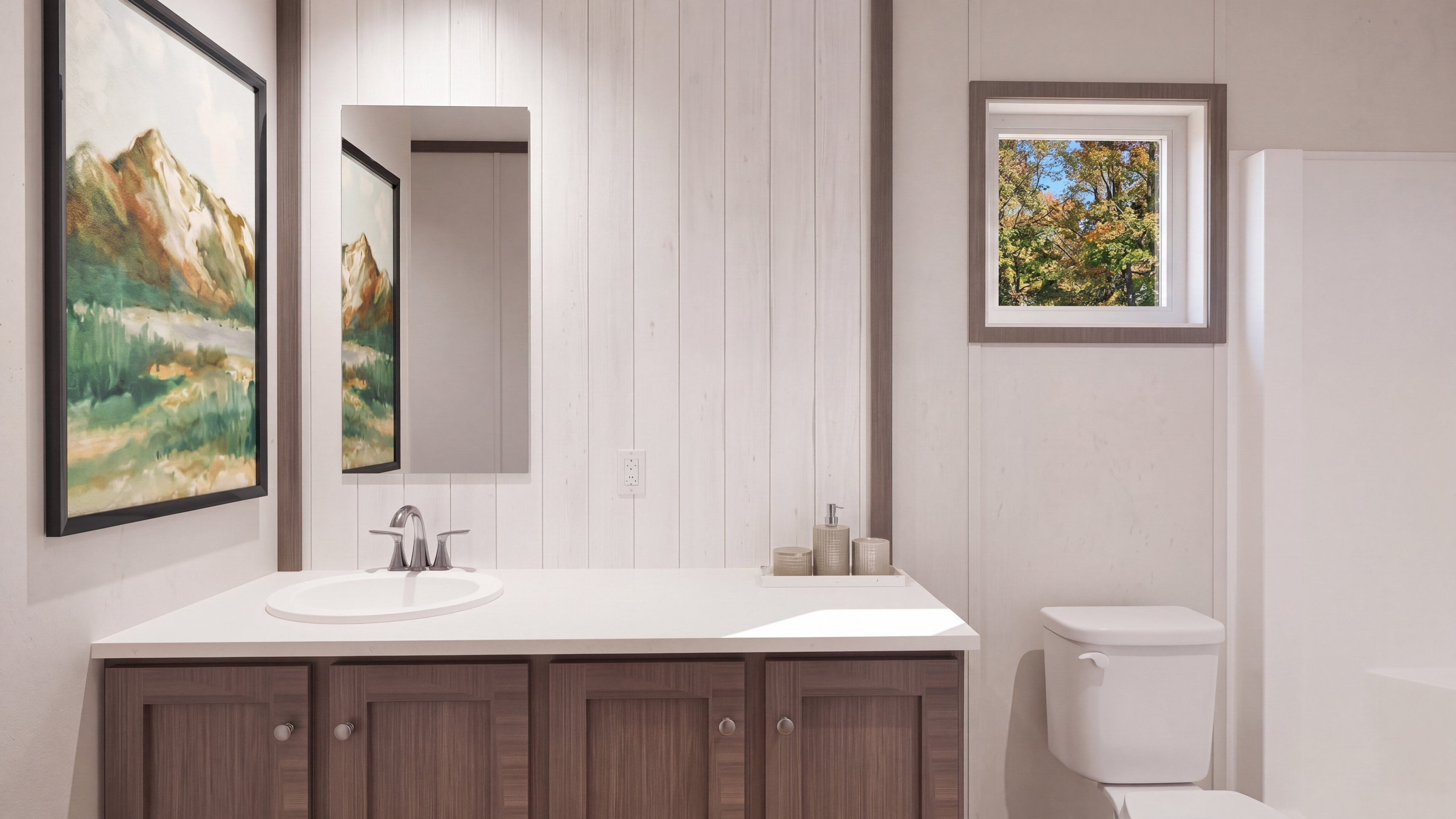 Primary bathroom rendering of the Spirit home.