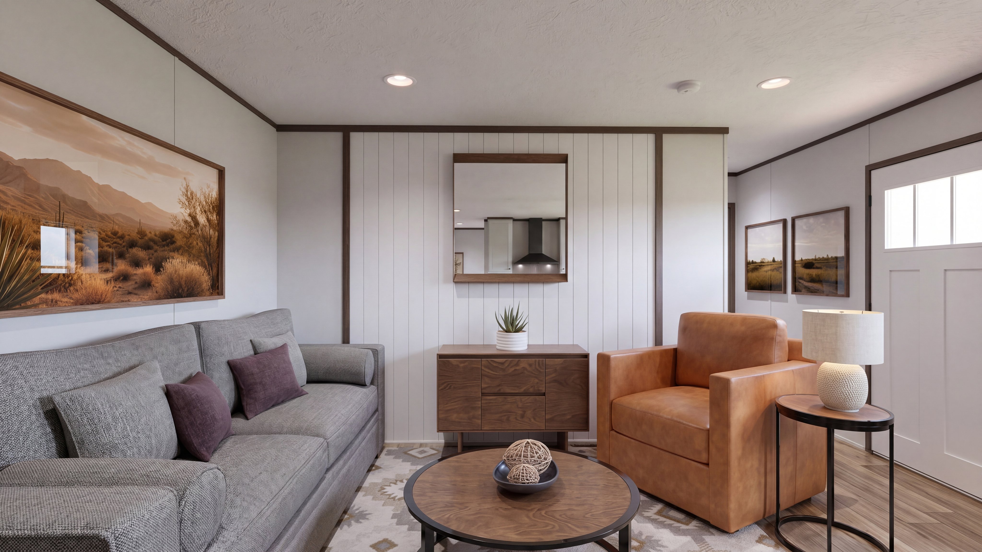 Living room rendering of the Spirit home.