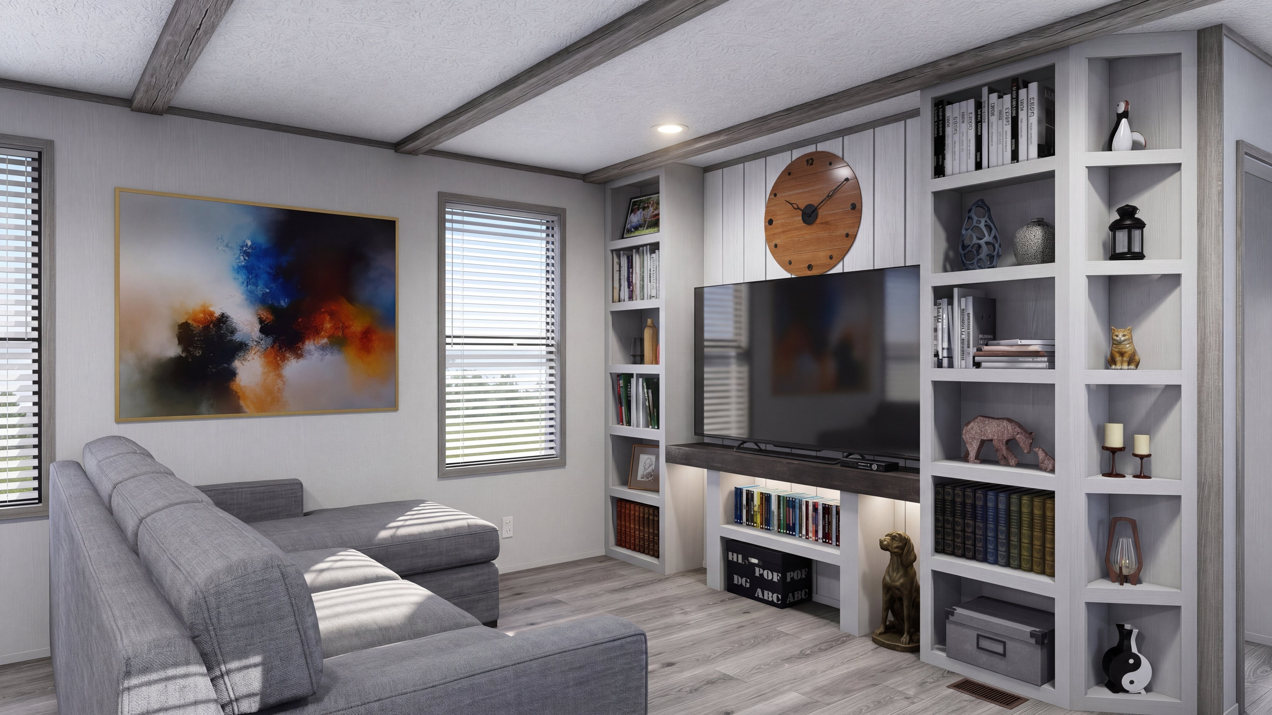 Living room rendering of the Anniversary 16763 home.