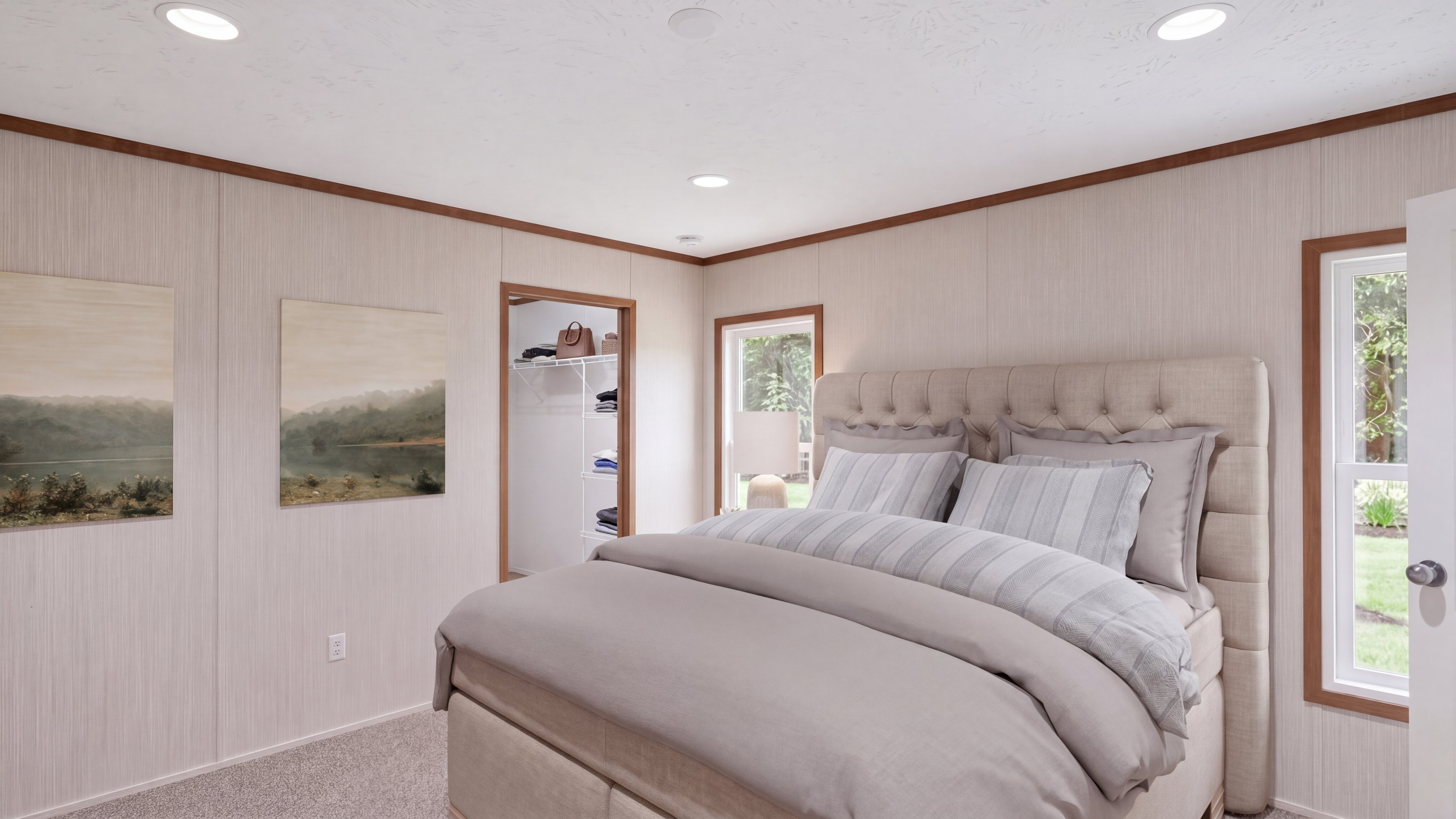 Primary bedroom rendering of the The Southern Farmhouse 48x28 home.